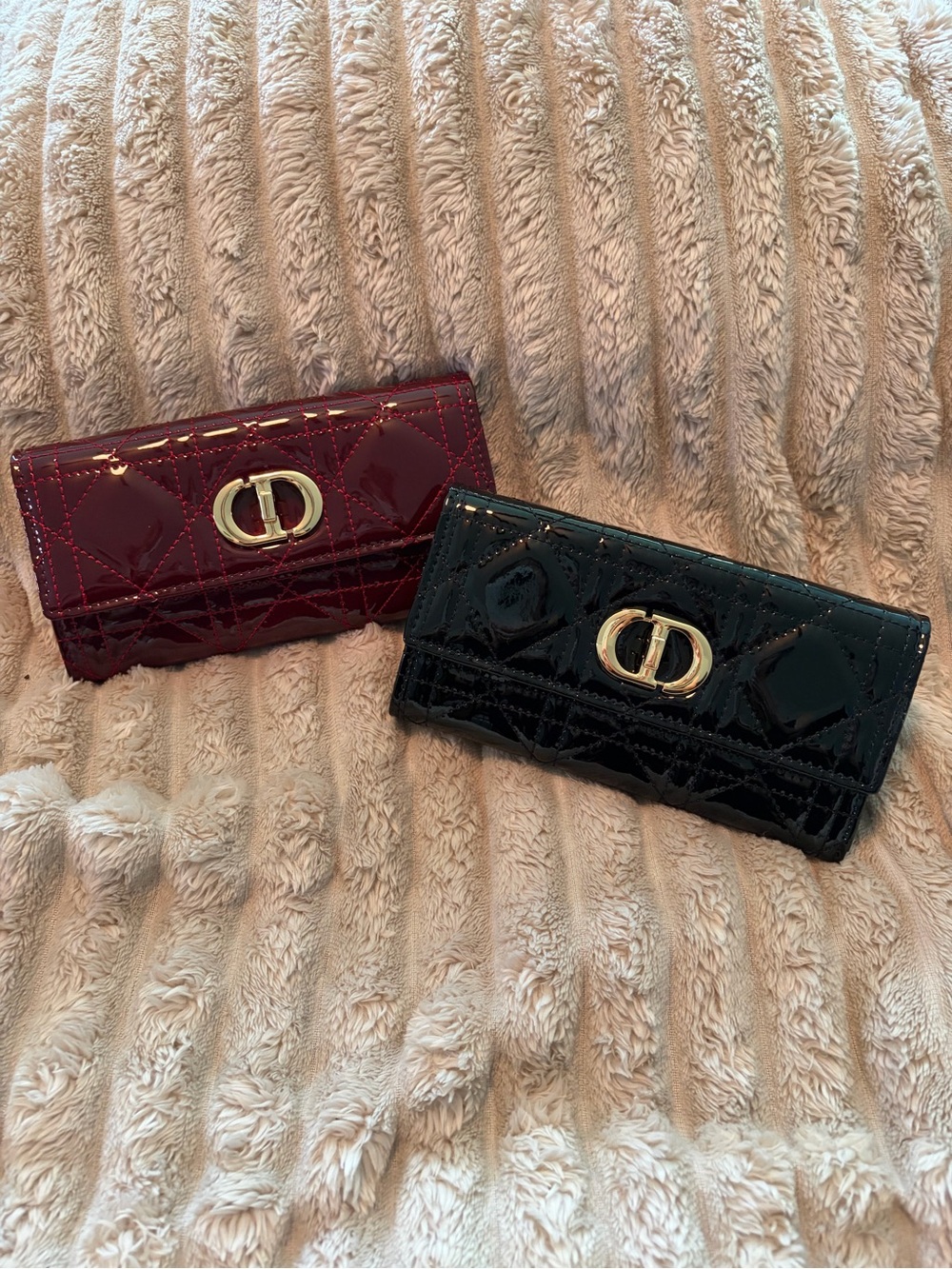 Patent Quilted Wallets in Burgundy and Black with Gold Hardware